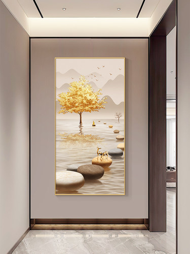现代轻奢玄关装饰画发财树石来运转入户画正对门壁画走廊过道挂画