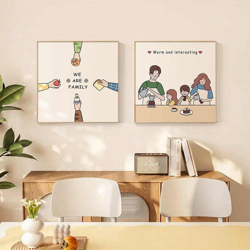 一家四口饭厅装饰画ins风餐柜厨房壁画温馨治愈系餐桌挂画摆画