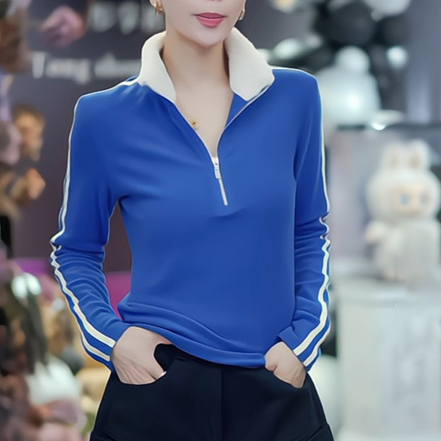 简约运动风蓝色长袖立领拉链上衣