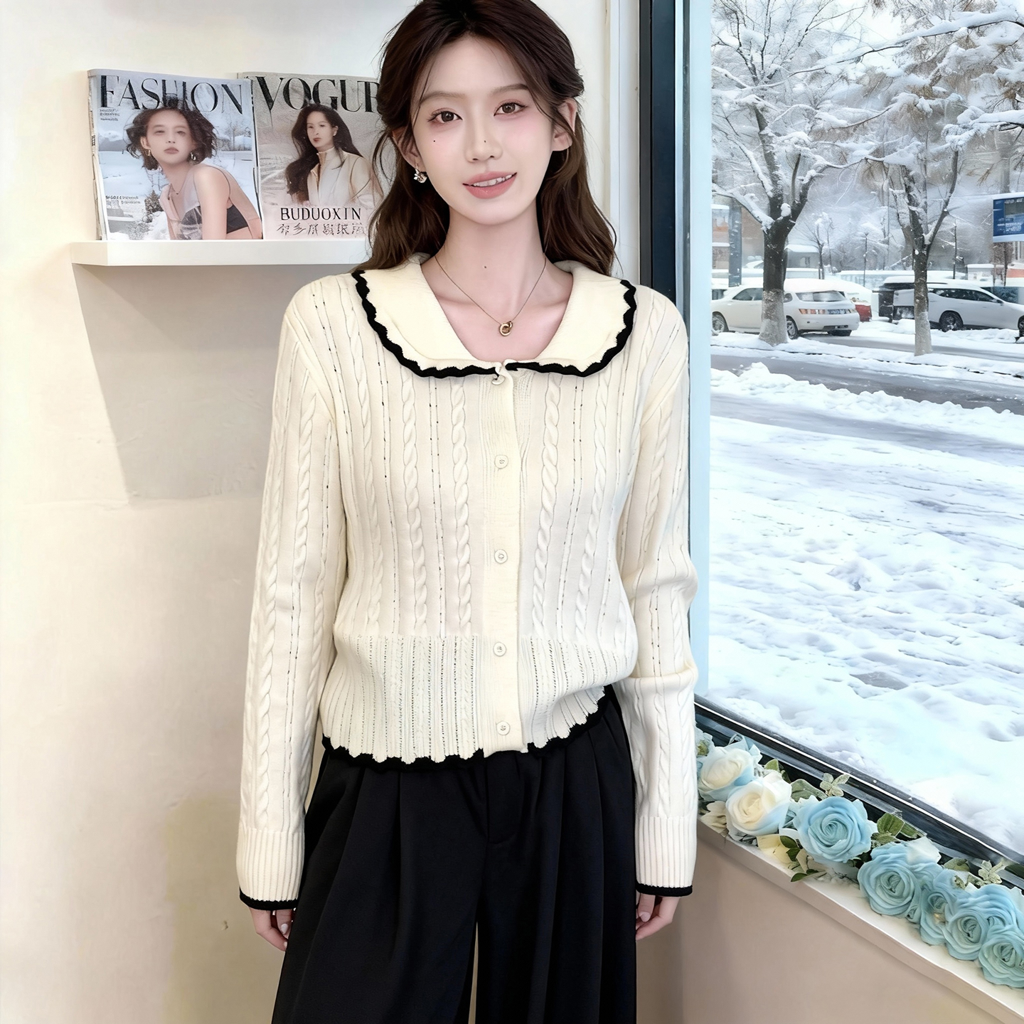 布多欣娃娃领麻花针织开衫女款