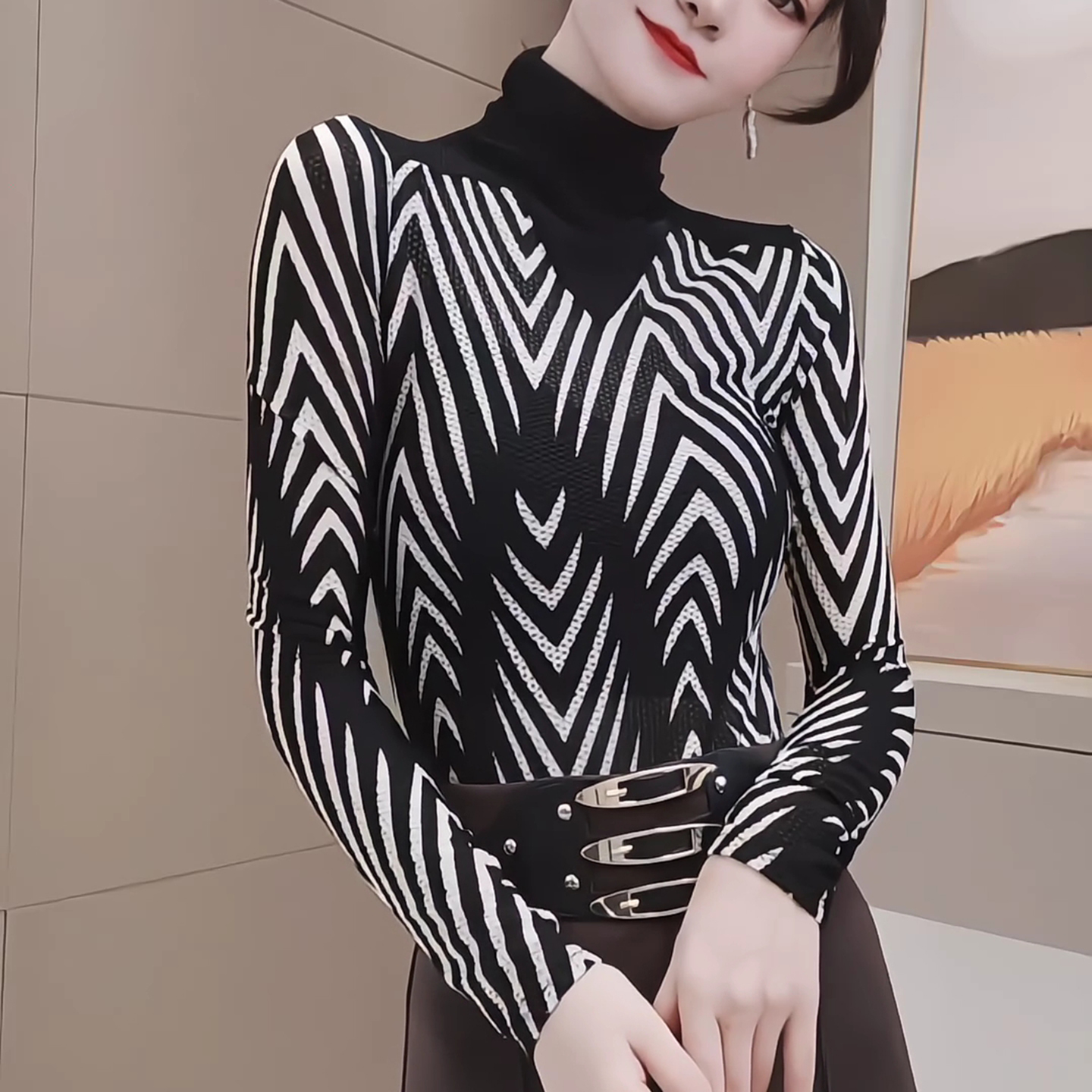 加绒高领网纱打底衫女秋冬