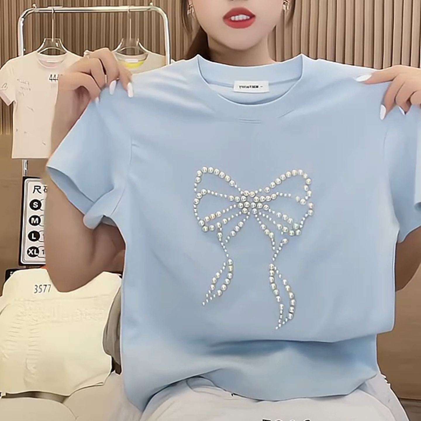 蝴蝶结钉珠设计感短袖T恤女
