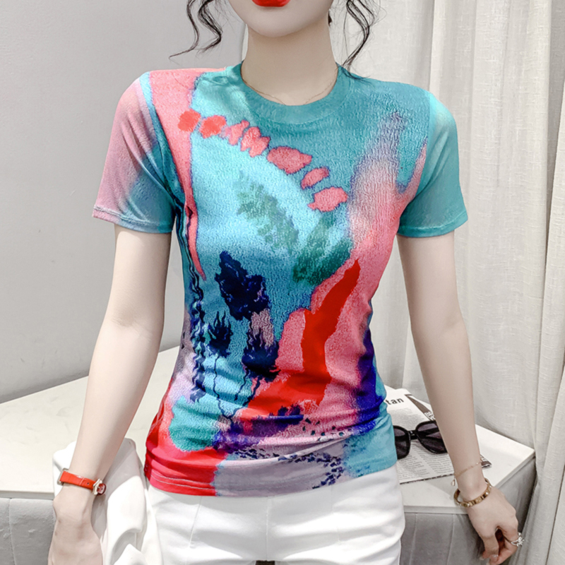 欧货洋气晕染网纱T恤女秋