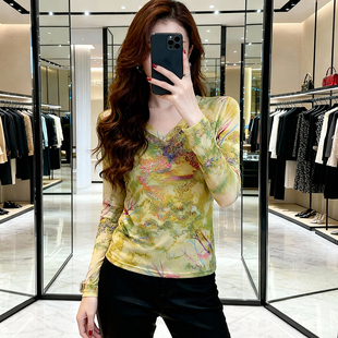 修身 性感V领网纱打底衫 内搭漂亮上衣潮 春秋新款 复古印花T恤女长袖