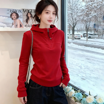 红色连帽半拉链卫衣女大码