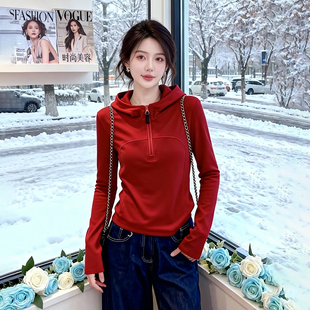 加厚德绒半拉链连帽卫衣女2025秋冬季新款简约休闲百搭显瘦帽衫