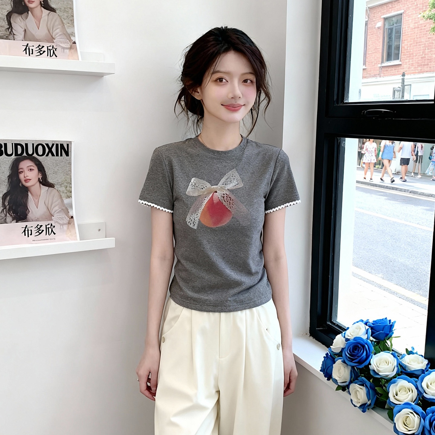 苹果蝴蝶结短袖T恤女2026夏季新款蕾丝花边休闲百搭显瘦圆领上衣,女装/女士精品,大码内搭,淘宝优惠券,粉丝福利购,淘宝优惠卷
