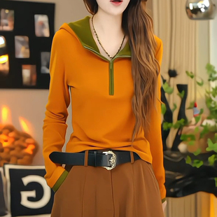 韩系双面绒撞色连帽长袖T恤女2025秋冬大码胖MM时尚百搭显瘦上衣