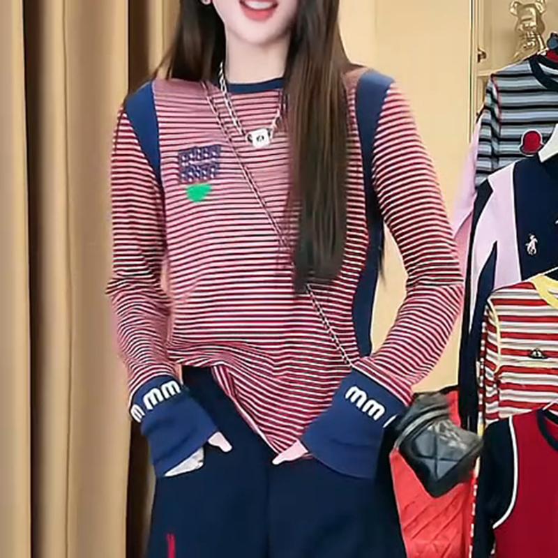 拼接圆领条纹长袖t恤女