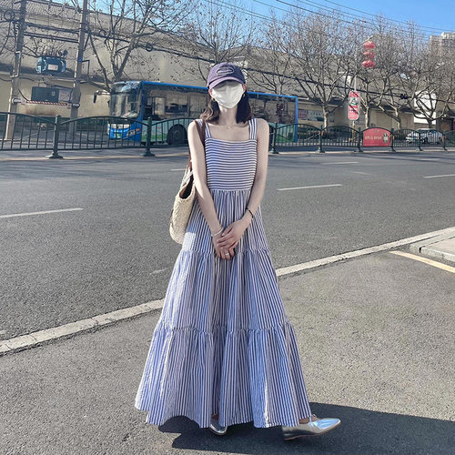 条纹无袖连衣裙女夏季