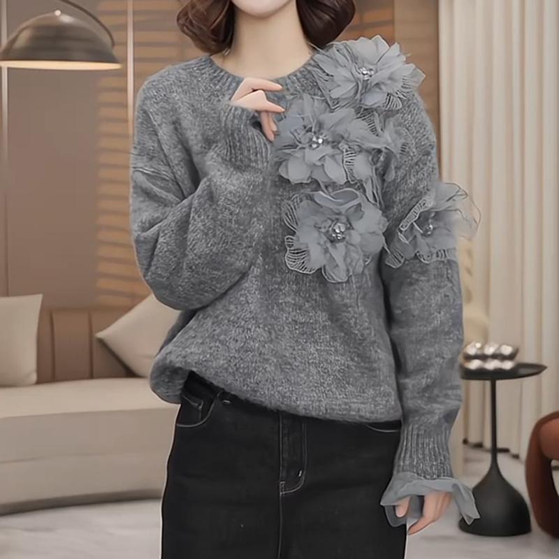 立体花朵钉珠加厚打底针织衫