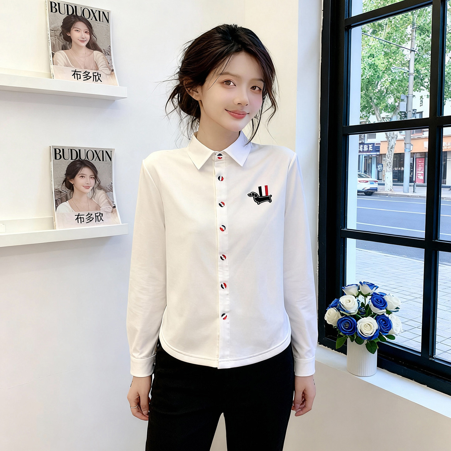 休闲风小狗织带刺绣衬衫女白色长袖宽松百搭翻领高级感打底衫上衣,女装/女士精品,大码内搭,淘宝优惠券,粉丝福利购,淘宝优惠卷