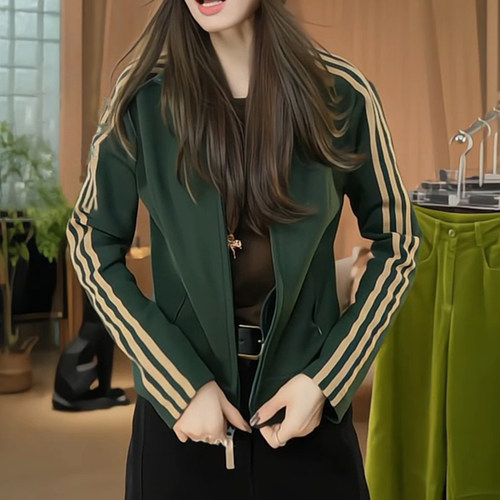 韩版纯色条纹拼接双拉链立领外套