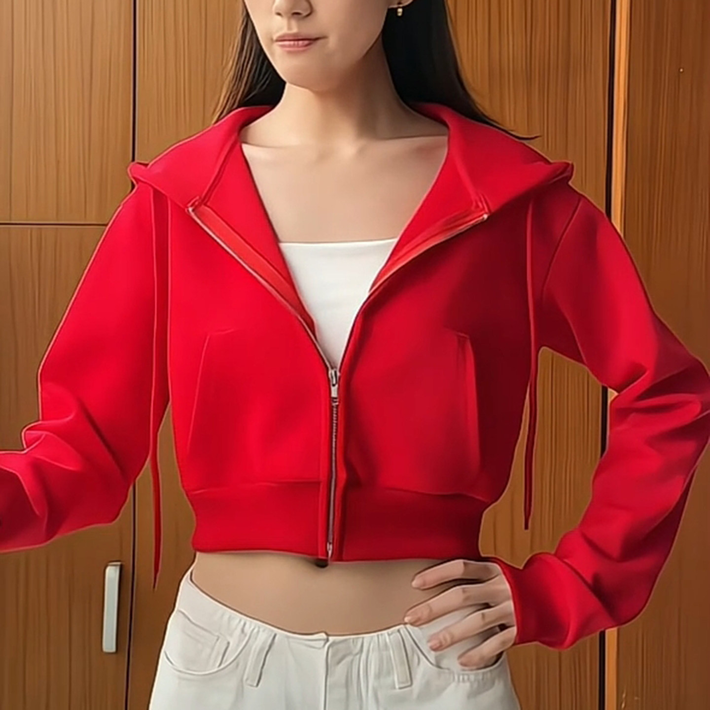 红色连帽拉链卫衣外套女2026秋冬新款露脐开衫宽松小个子短款上衣