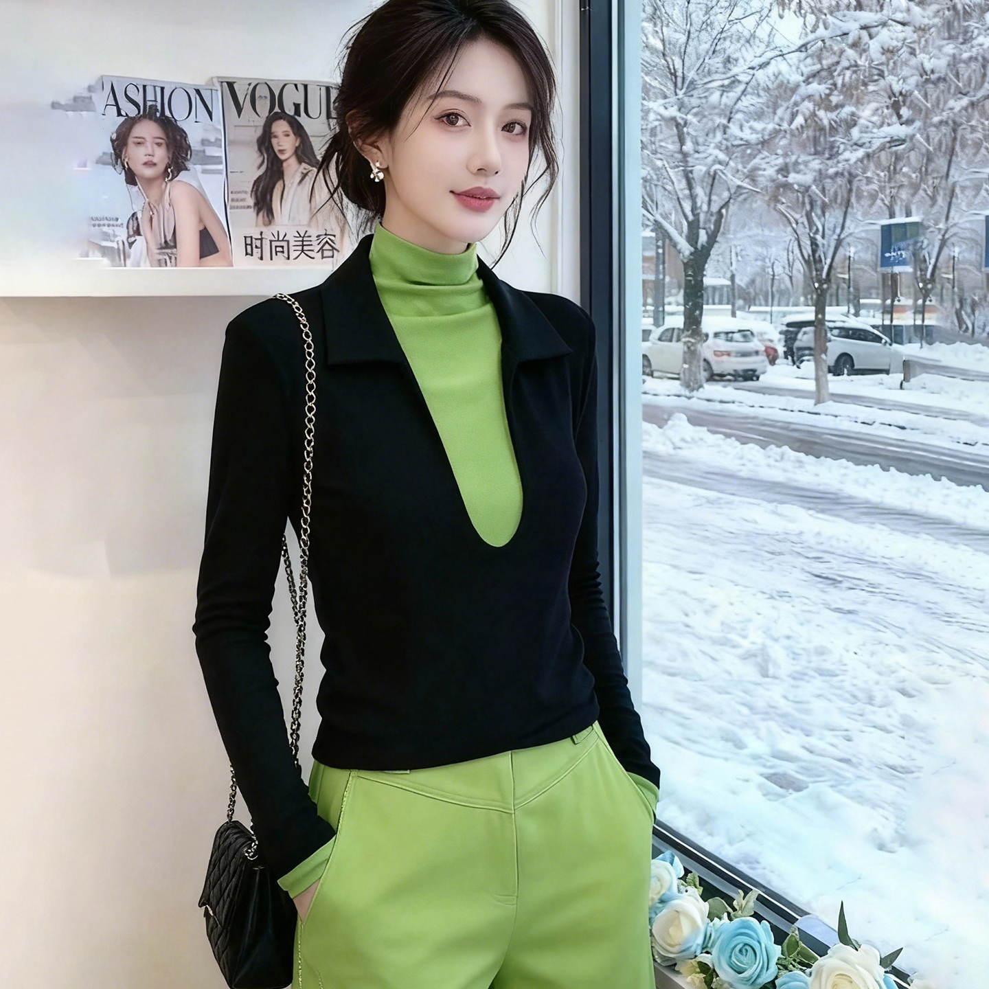 布多欣撞色高领长袖T恤