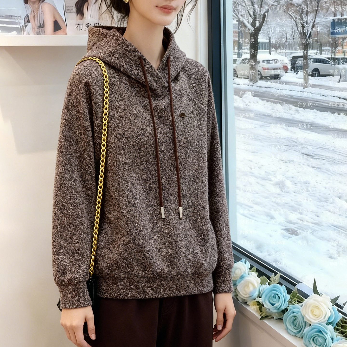 极简风连帽卫衣女宽松抽绳通勤