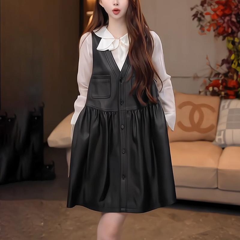 皮裙气质V领单排扣背心连衣裙