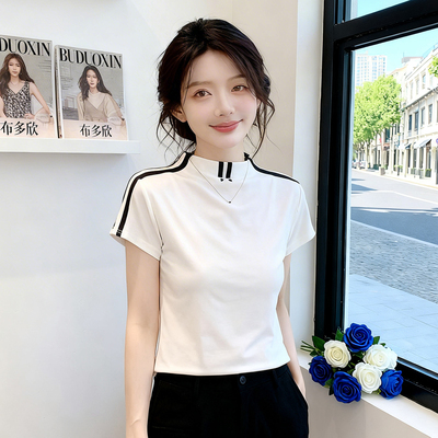 欧货时尚气质立领条纹短袖T恤女