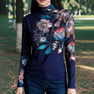 半高领修身 洋气印花打底衫 上衣 t恤女内搭春秋冬新款 肌肤网纱长袖