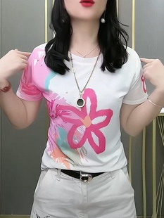 欧洲站女款印花网纱t恤女显瘦圆领短袖新款洋气夏季体恤半袖