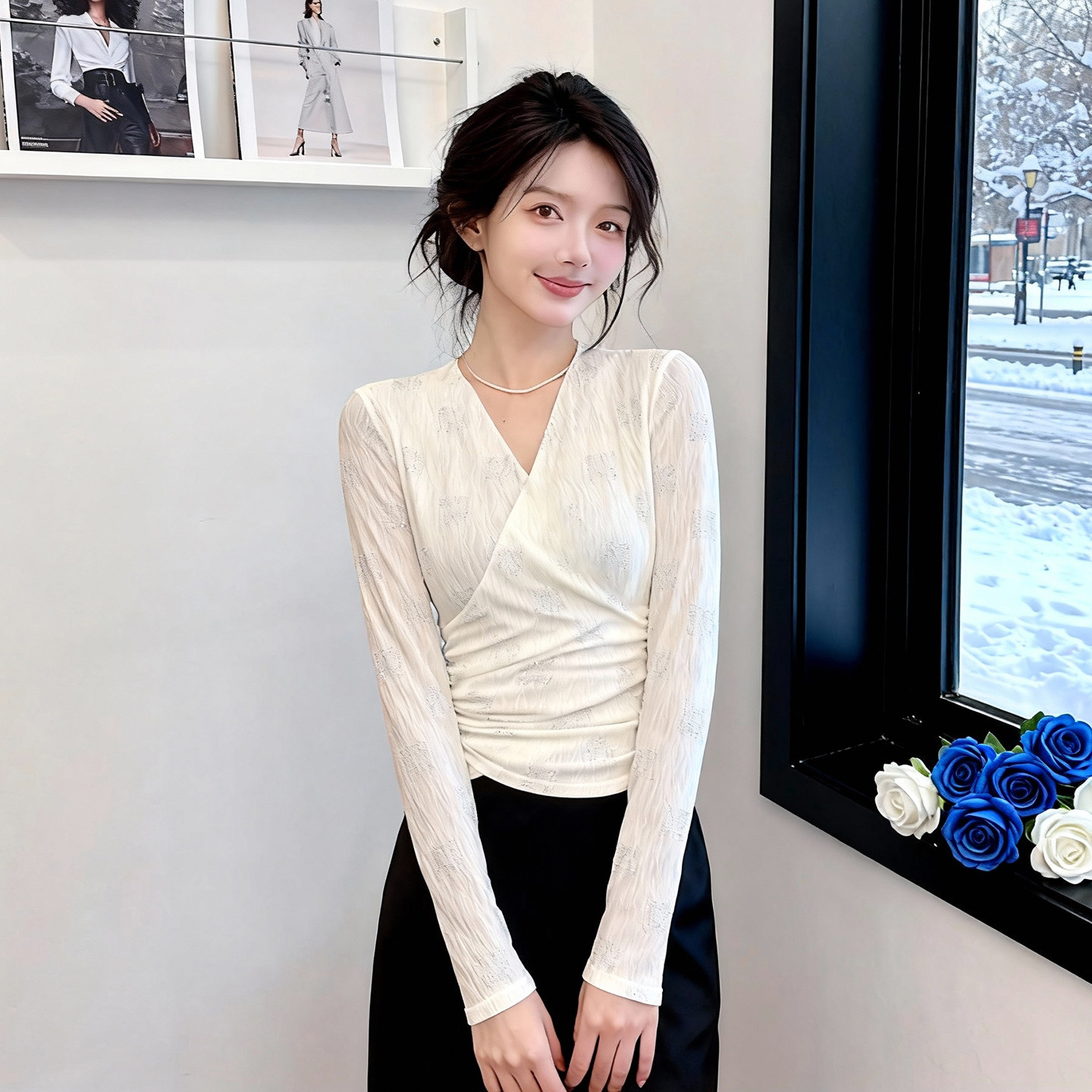 高级感褶皱交叉V领长袖T恤女2026秋季新款修身显瘦内搭打底衫上衣,女装/女士精品,大码内搭,淘宝优惠券,粉丝福利购,淘宝优惠卷