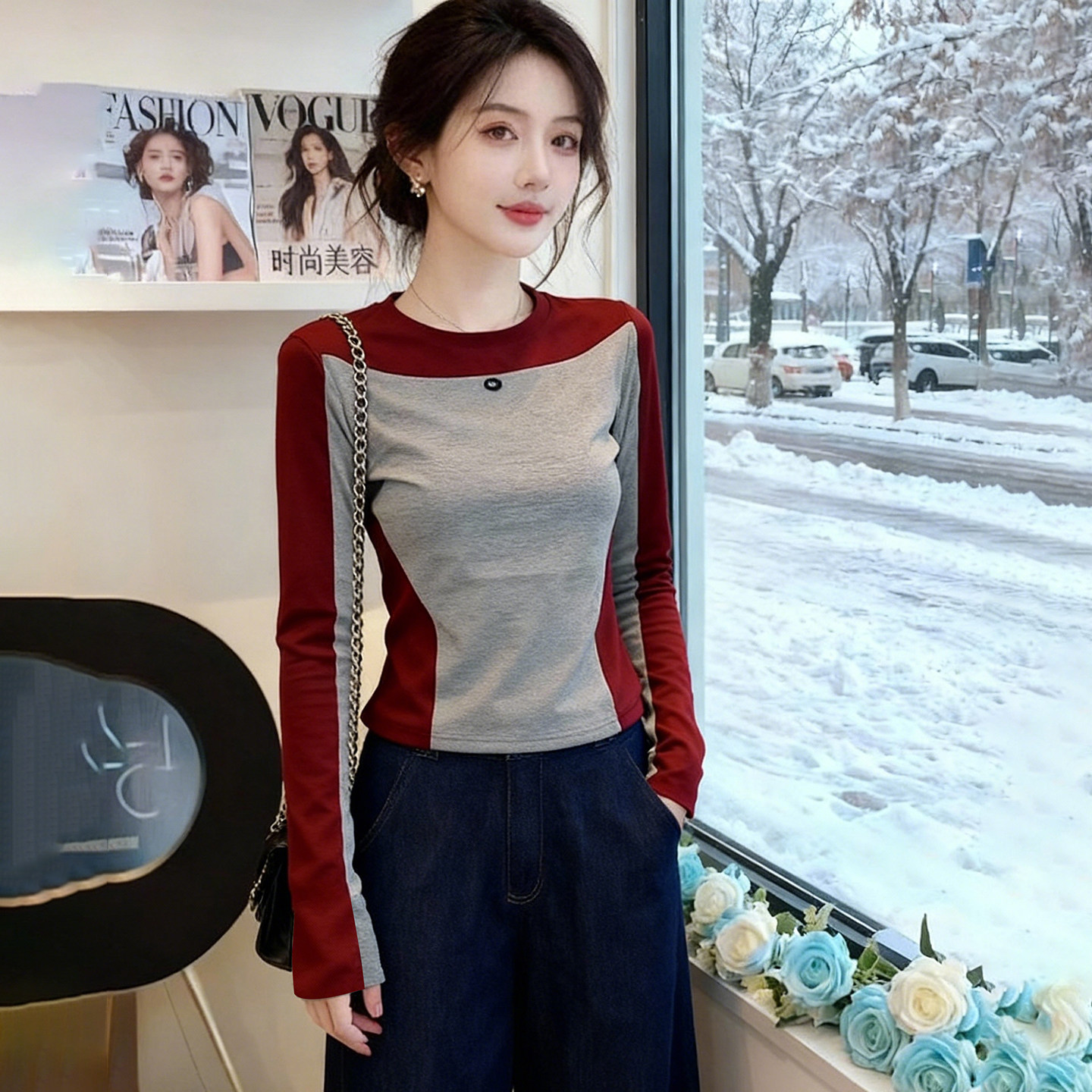 欧货设计感时尚撞色圆领长袖T恤女2025早秋季新款显瘦打底衫上衣