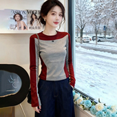 撞色圆领长袖 T恤女2026早秋季 新款 欧货设计感时尚 显瘦打底衫 上衣