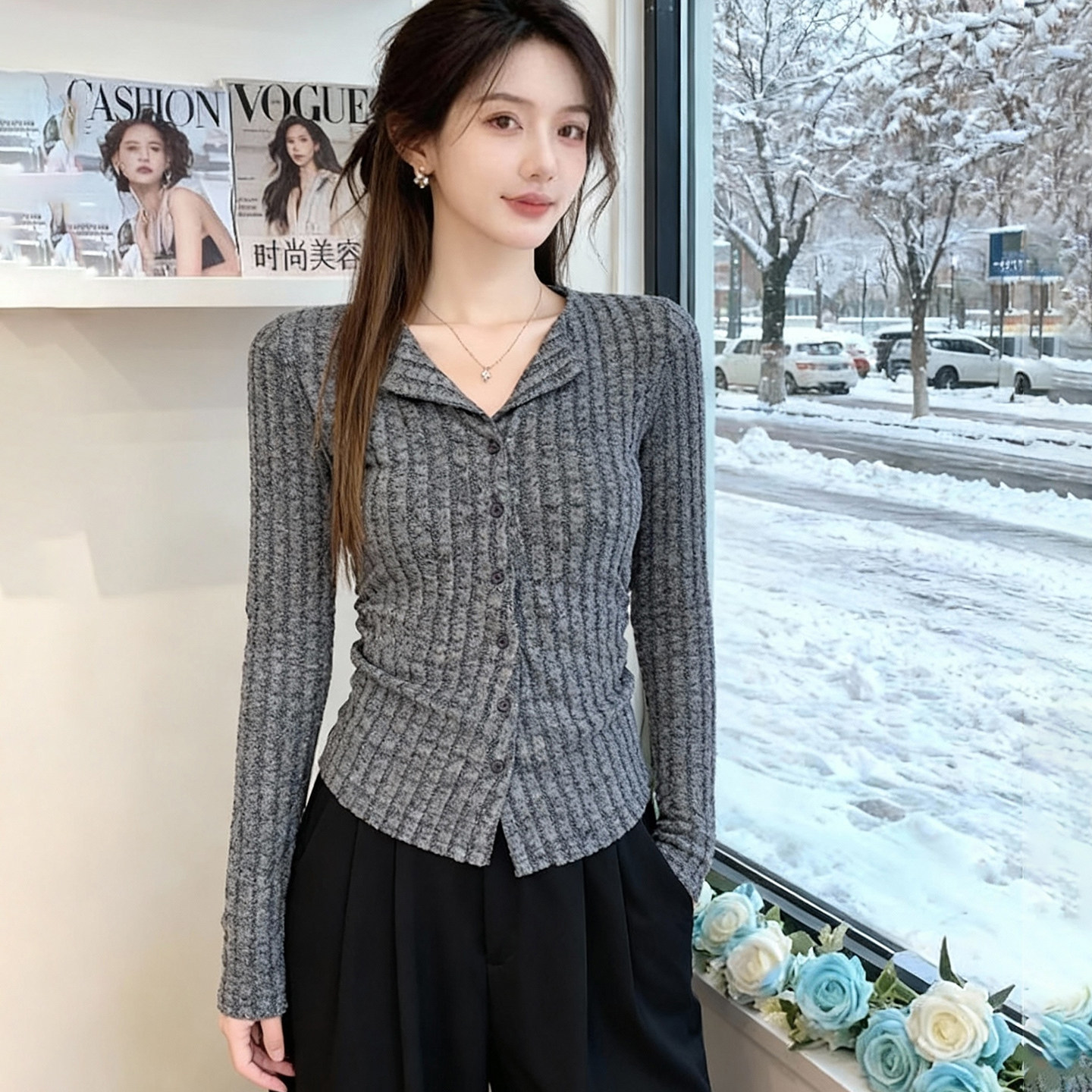 布多欣法式大码灰色翻领针织衫