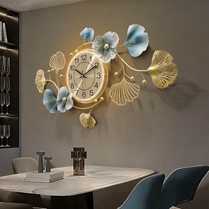 飞鸟集餐厅挂钟寓意好银杏叶装饰