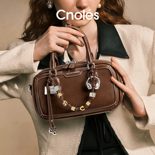 Cnoles蔻一恬然包保龄球包包女新款冬手提波士顿包包单肩斜挎包女