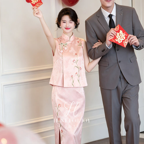小个子日常可穿粉色订婚旗袍礼服