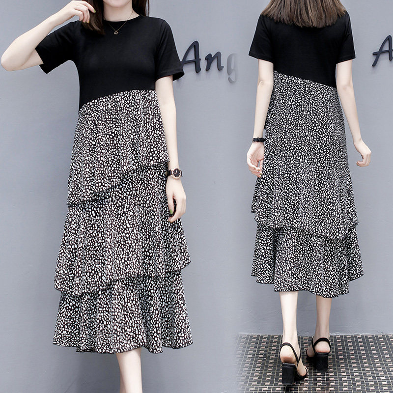 2020夏季新品大码女装显廋中长款蛋糕胖mm连衣裙假两件拼接雪纺裙