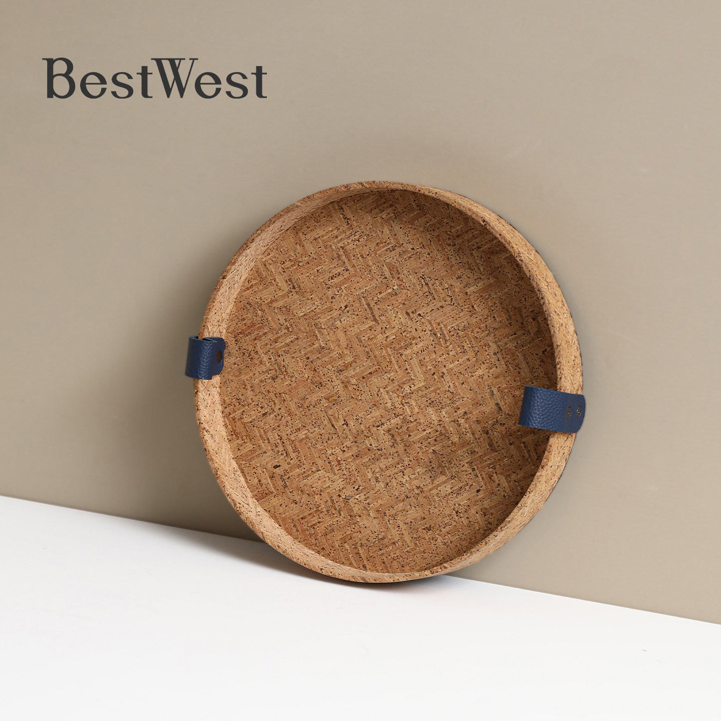 BEST WEST 天然软木编织纹香薰托盘圆形带把手首饰项链桌面置物盘