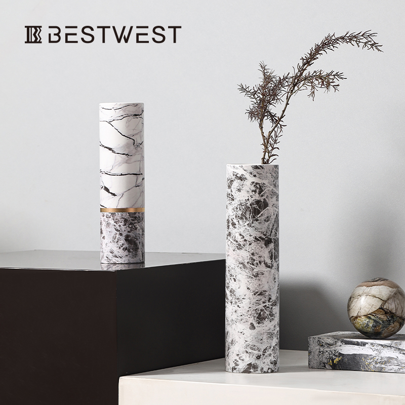 BESTWEST直筒陶瓷细口花瓶电视柜展厅样板房装饰摆件大理石插花