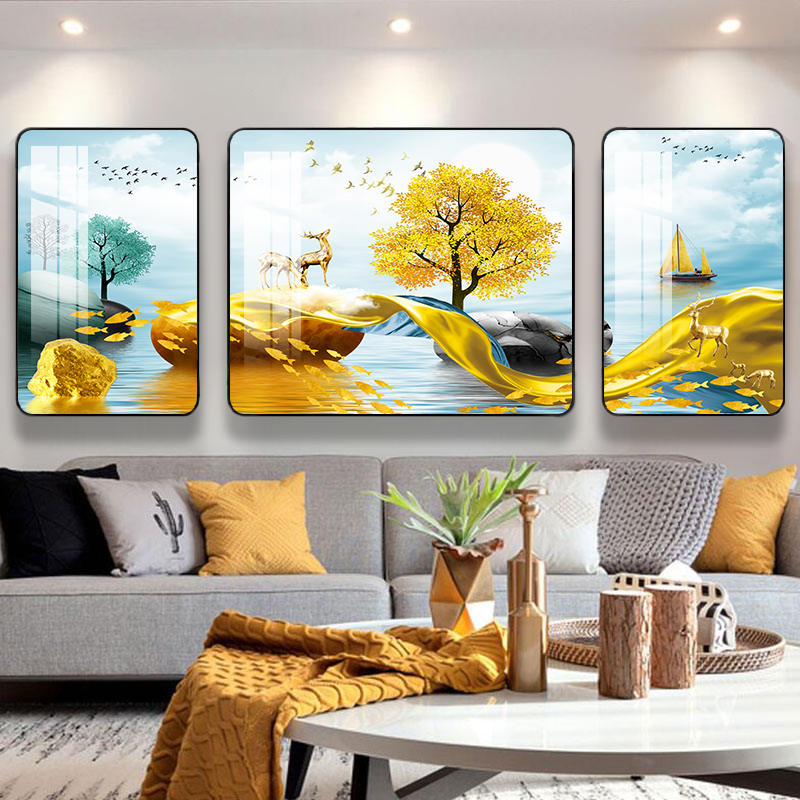 简约现代客厅装饰画沙发背景墙组合挂画新款创意圆角三联晶瓷壁画图片