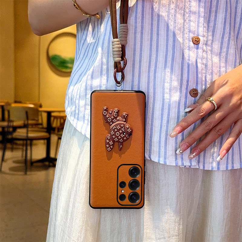 适用于三星S25Ultra手机壳时尚潮牌高级感棕三星s25+老花立体狗狗皮质三星s25棕色编织手提绳防摔保护套