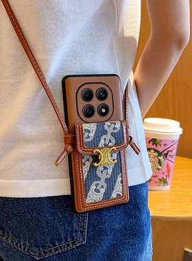 适用于红米Note15Pro+手机壳高端潮牌仿蓝色布艺高级感棕色红米note15Pro新款Note 15斜挎背带卡包挂绳保护套