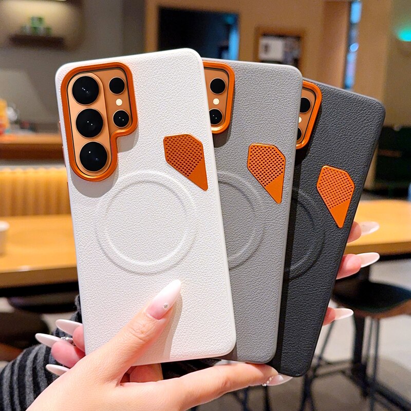 适用于三星S26Ultra手机壳橙色金属镜头素皮防摔三星S26Edge自带散热小孔磁吸三星S26+金甲纯色保护套