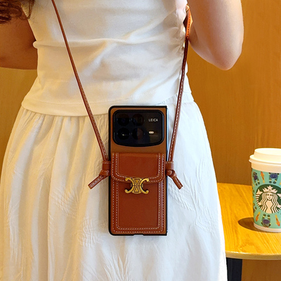 适用于小米MIXFold4手机壳时尚全包防摔创意高级感棕色金属标斜挎背带挂绳卡包小米mixfold4折叠屏保护套轻薄