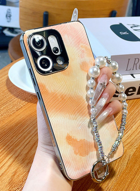 适用于OPPOReno14Pro手机壳高级水彩艺术ins风reno11电镀银边Reno13Pro新款珍珠手链reno9pro+高端防摔保护套