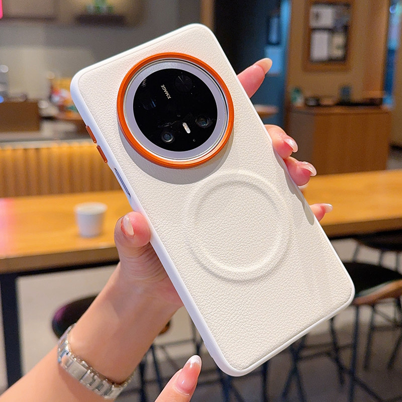 适用于华为Mate70Pro手机壳高级橙色镜头商务素皮华为mate60pro+新款四角包mate70air磁吸外壳保护套秋冬百搭