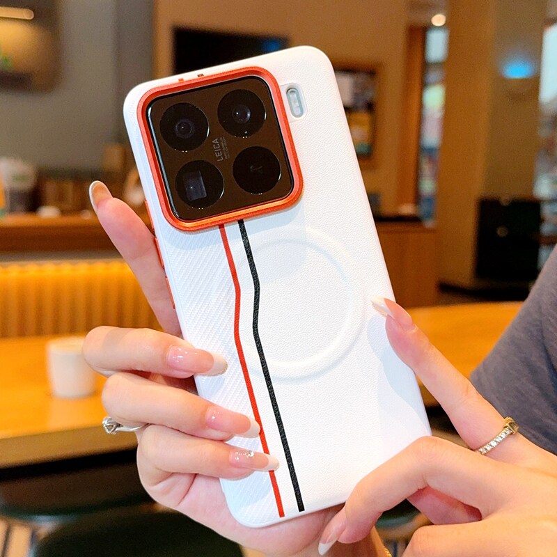适用于小米15Pro手机壳橙色金属镜头磁吸双线Xiaomi 15SPro素皮防摔小米14按键全包小米14Pro双色拼接保护套