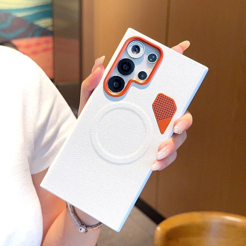 适用于三星S25Ultra手机壳橙色金属镜头三星s25+素皮防摔三星s24ultra自带散热小孔S25Edge磁吸立体S24保护套