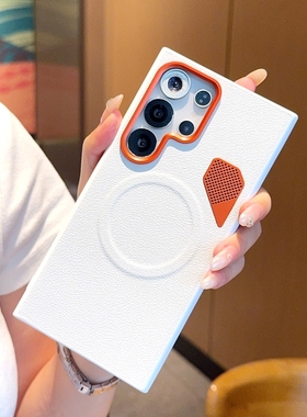 适用于三星S25Ultra手机壳橙色金属镜头三星s25+素皮防摔三星s24ultra自带散热小孔S25Edge磁吸立体S24保护套