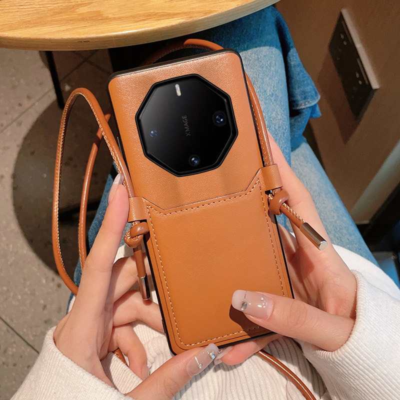 适用于华为Mate60RS非凡大师手机壳高级感棕色皮质Mate50RS卡包式斜挎挂绳防摔mate40rs保护套简约时尚奢华女