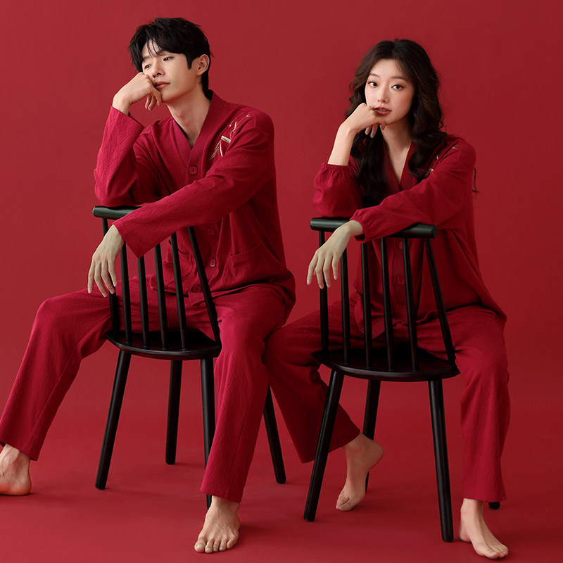 结婚新婚情侣睡衣春秋款长袖红色提花棉套装中式风家居服2025新款,女士内衣/男士内衣/家居服,睡衣/家居服套装,淘宝优惠券,粉丝福利购,淘宝优惠卷