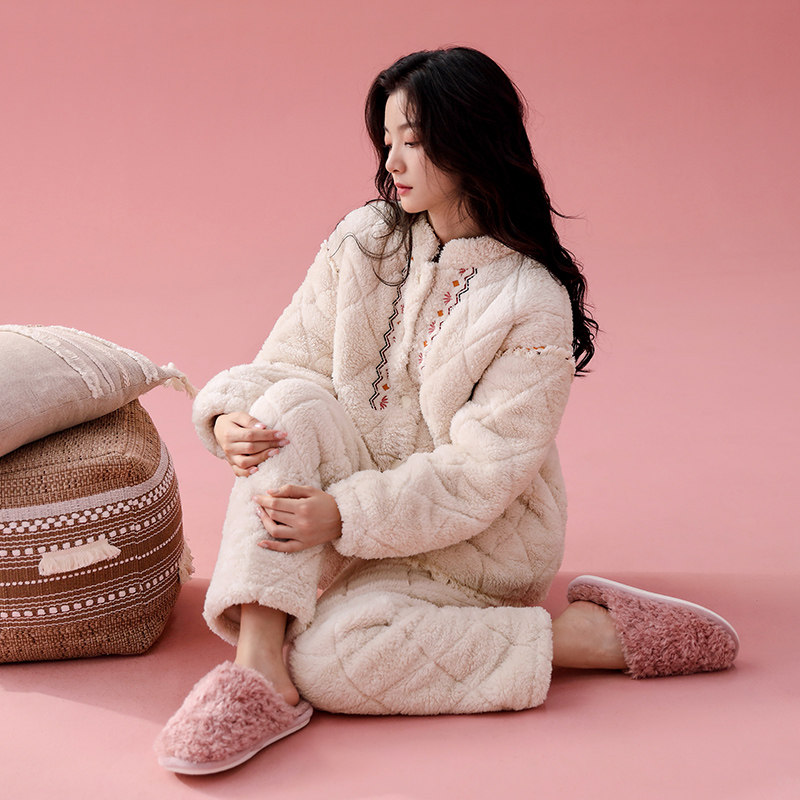 2025新款女士睡衣秋冬季珊瑚绒三层夹棉加绒加厚棉袄中国风家居服,女士内衣/男士内衣/家居服,睡衣/家居服套装,淘宝优惠券,粉丝福利购,淘宝优惠卷