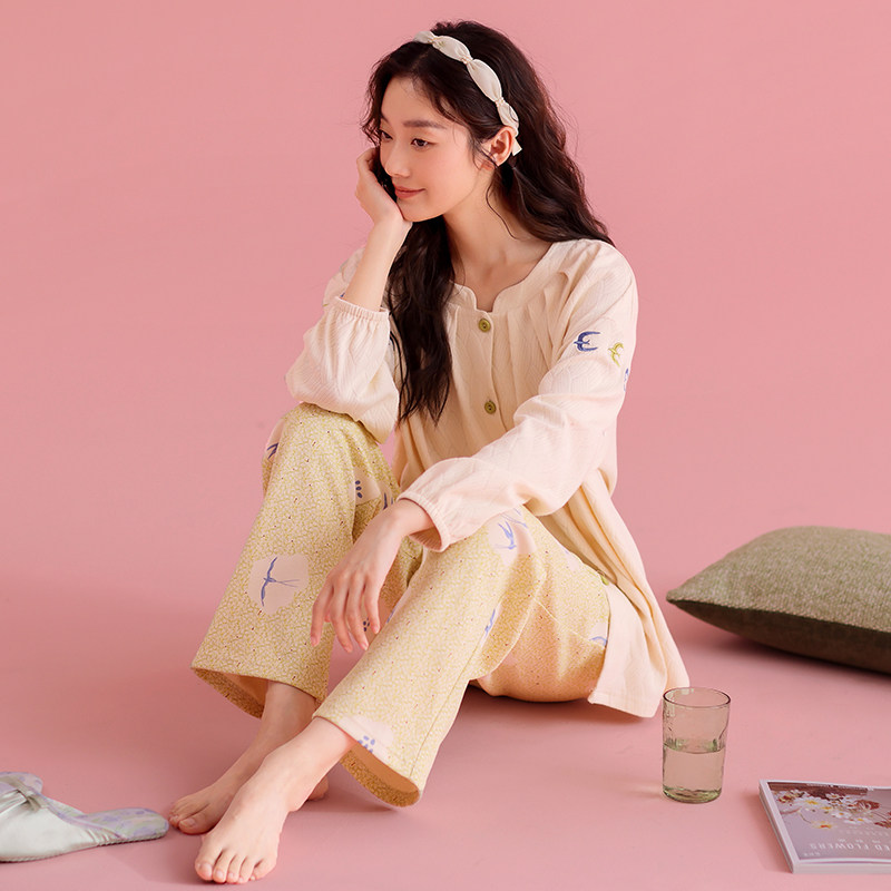 女士睡衣春秋款纯棉长袖甜美可爱女人开衫宽松家居服秋季长裤套装