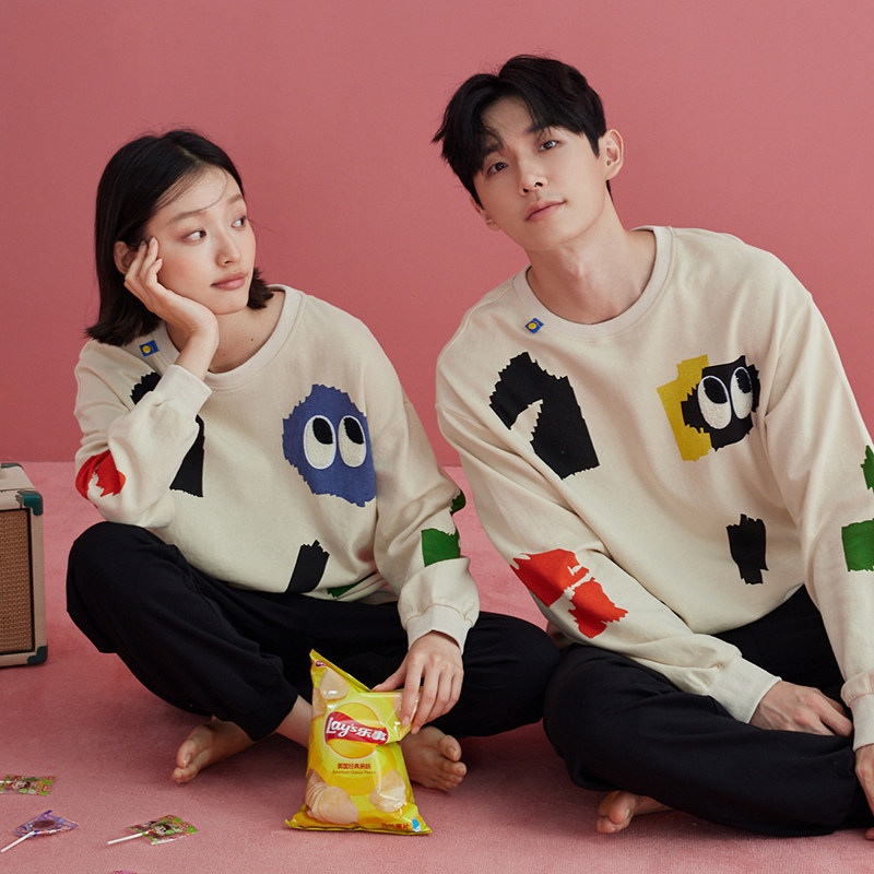 新款情侣睡衣春秋款纯棉长袖套头可爱休闲运动可外穿家居服套装夏
