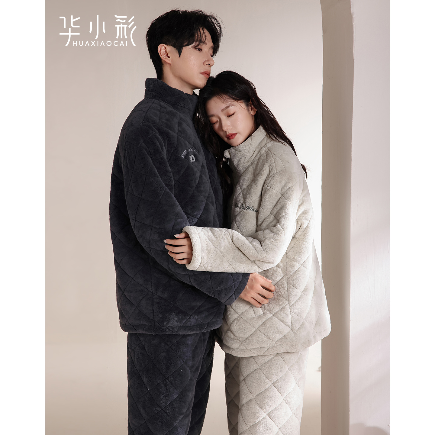 情侣睡衣珊瑚绒夹棉三层加厚保暖